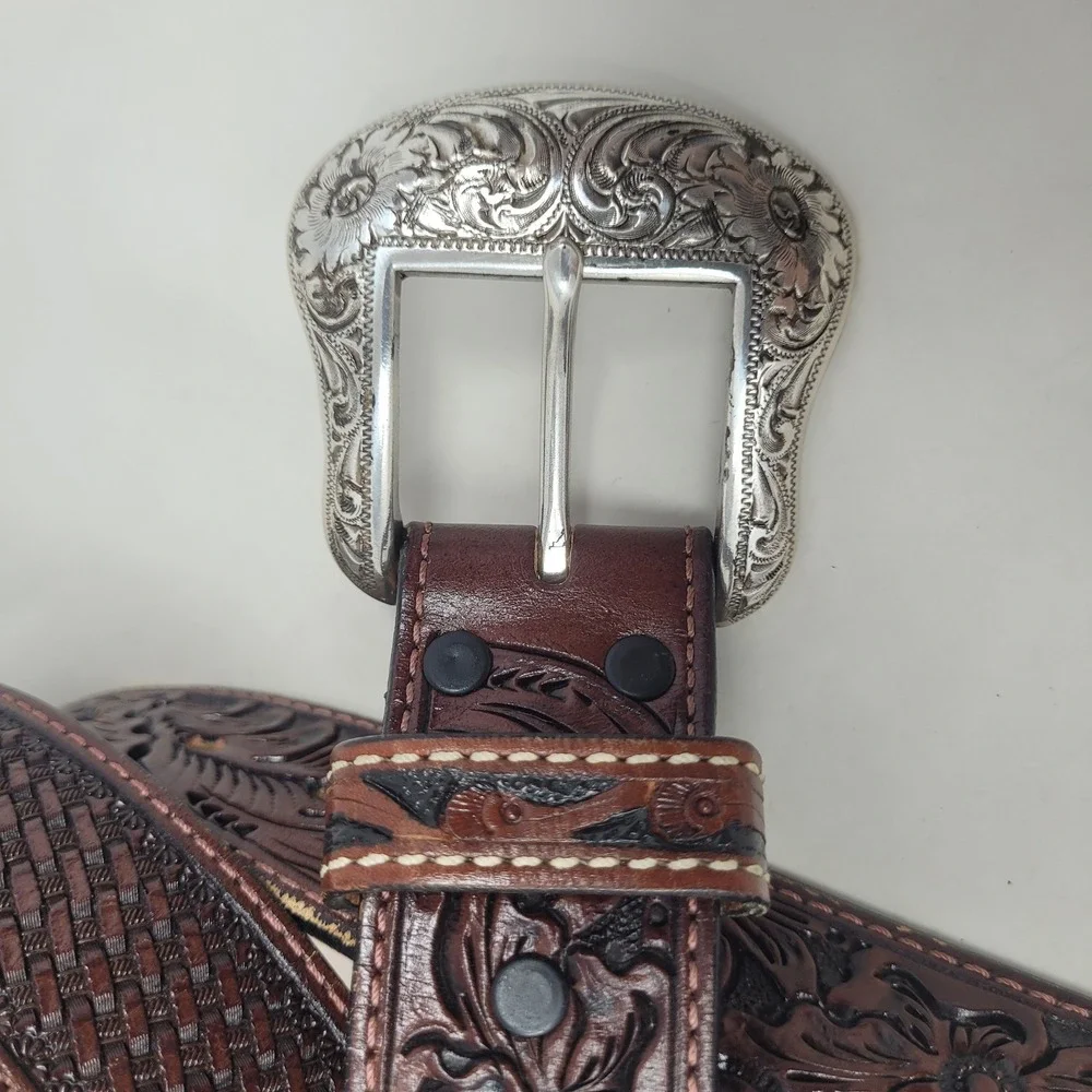 Vintage Nocona Belt 46 Brown Leather Floral Tooled Basketweave Western Cowboy